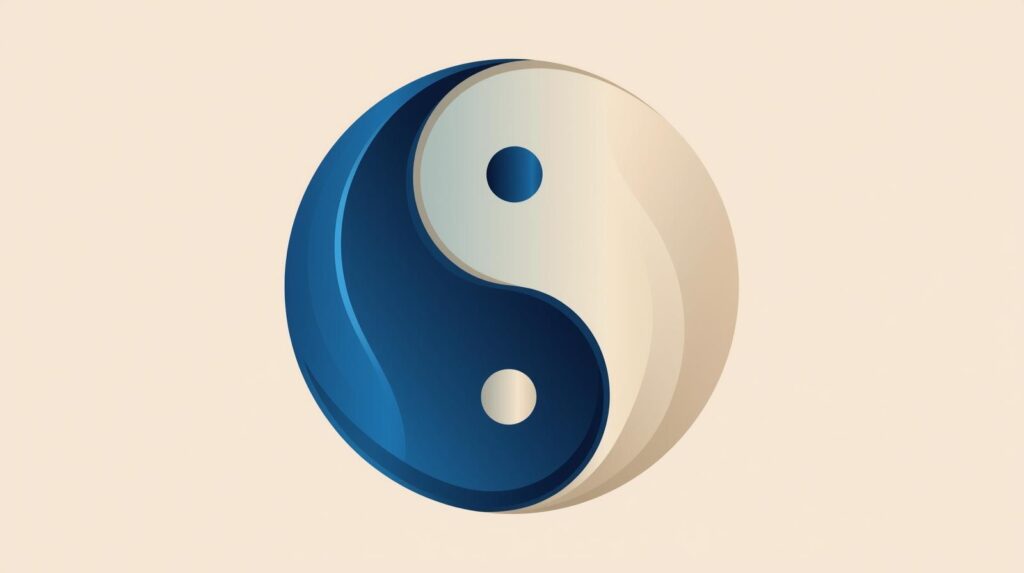 ein rundes ying und yang Zeichen, das ineinander fließt mit azurblauer Farbe auf der einen Seite und hellbeige auf der anderen Seite
